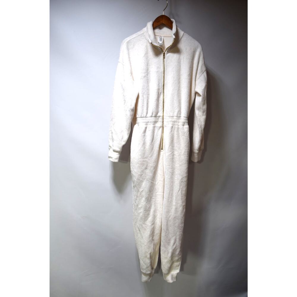 Fabletics White Terry Cloth Zip Front Jumpsuit Women's Large Loungewear